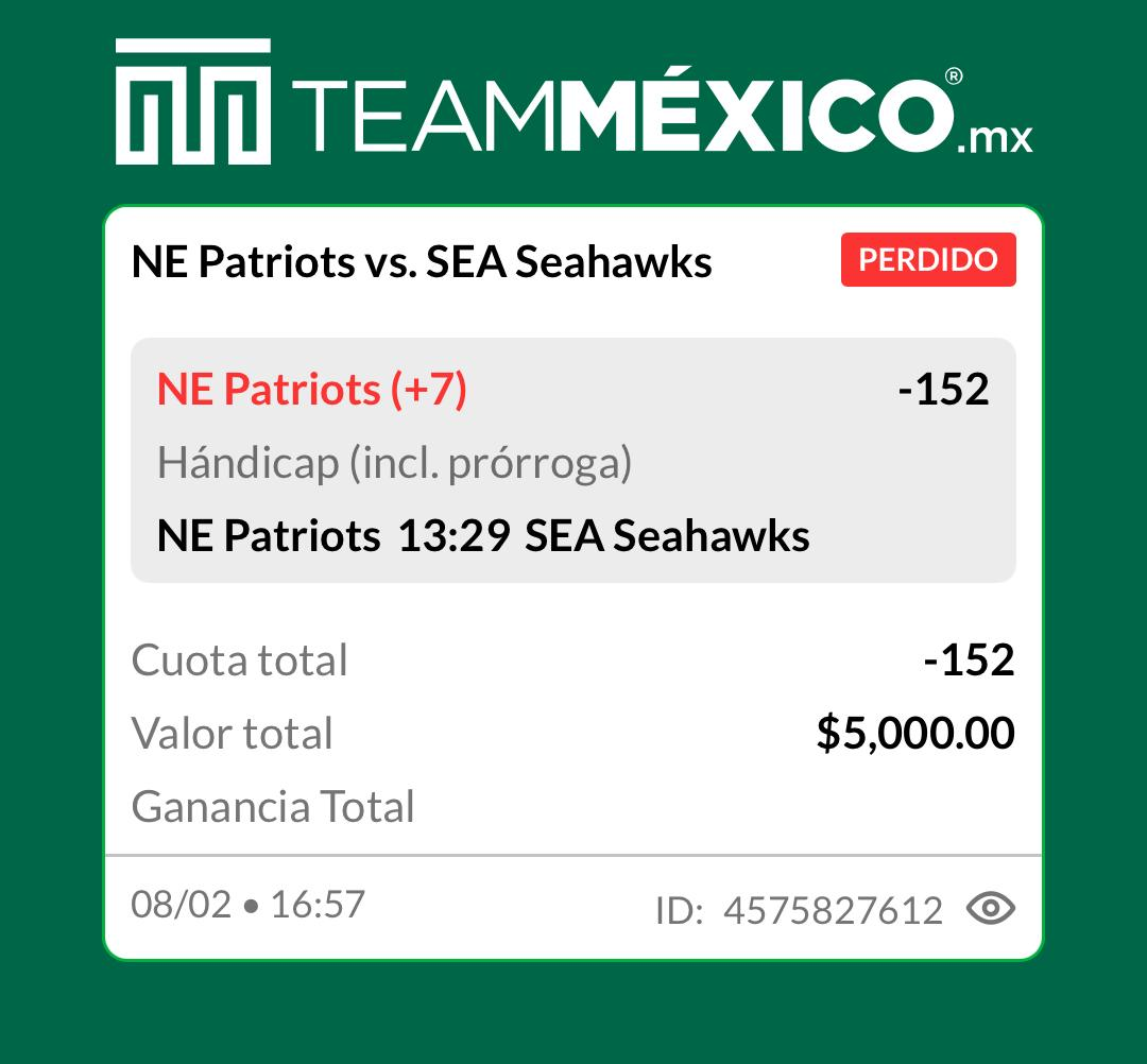 Ticket: Patriots +7 (hándicap)
